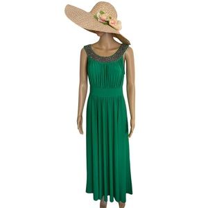 HAANI Beaded Embellished Neckline Greek Goddess Emerald Green Maxi Dress Size M